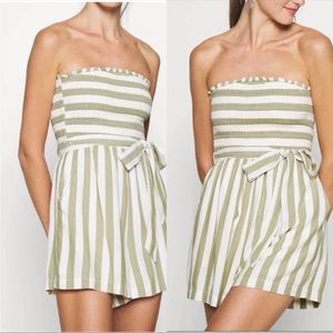 American Eagle | Strapless Sage Striped Romper with pockets